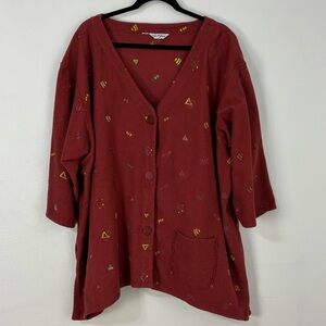 Boho Artistic Burnt Red Embroidered Button Front Cotton Tunic Cardigan‎ Top 3X